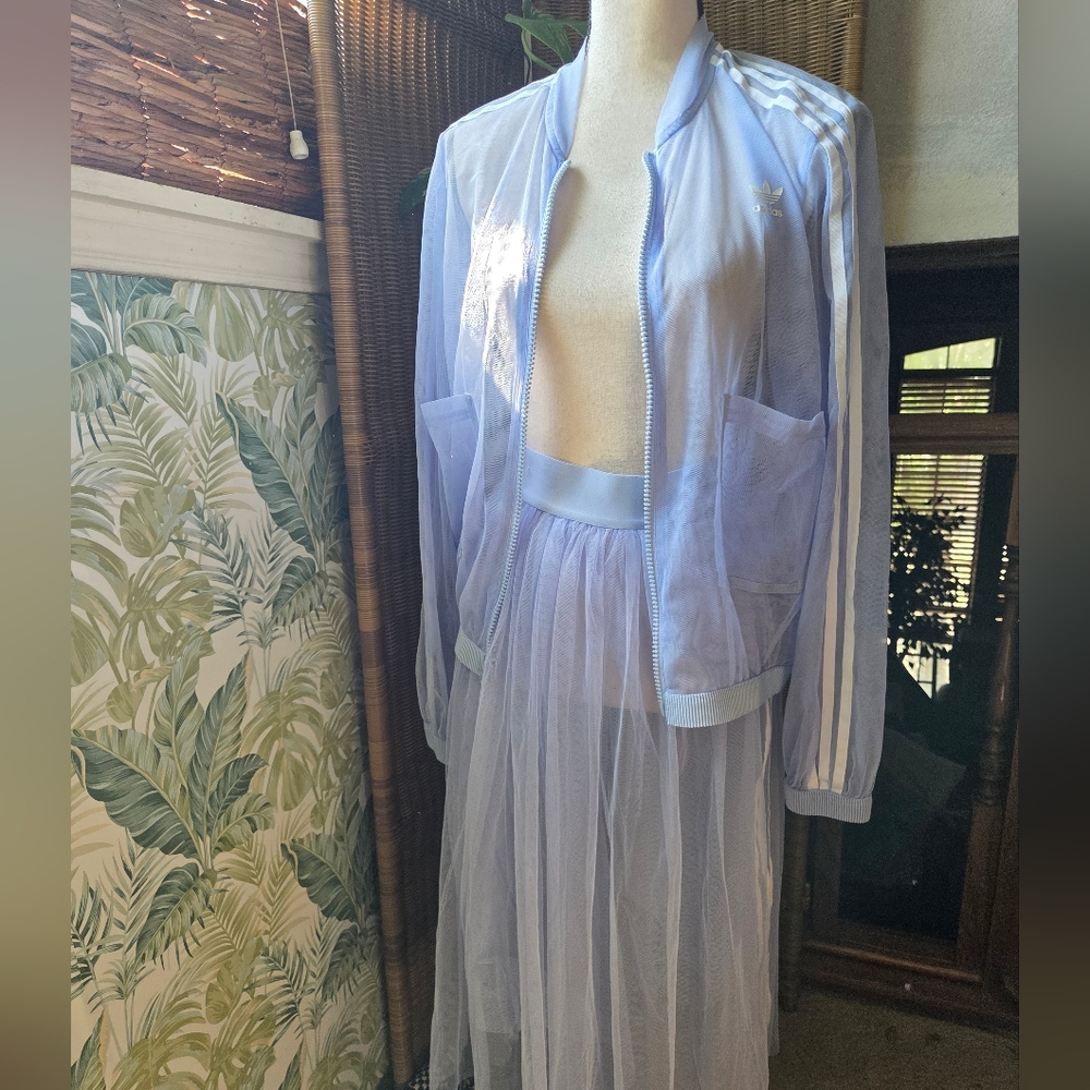 Adidas Light Blue Sheer Jacket and Skirt Set